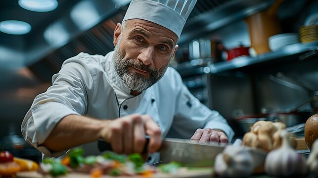 Chef Master chef in a professional kitchen, demonstrating knife skills with precision and finesse while preparing a gourmet dish, focused and passionate. Illustration, Minimalism,