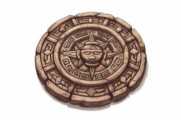 Naklejka premium Hand-drawn illustration of an ancient Aztec calendar stone with intricate carvings and a sun motif, isolated on a white background.