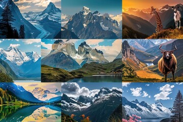 A collage featuring vibrant images of majestic mountains, exotic wildlife, bustling urban streets, and serene lakes, each photo captured by a different photographer