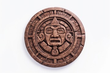 Intricate Aztec calendar carving on a round wooden plaque with detailed symbols and a ancient face in the center.
