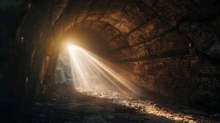 Sunlight streaming through cave opening, mystical and serene atmosphere in rocky tunnel