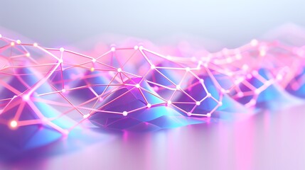Abstract 3D digital landscape with futuristic glowing network connections in pink and blue tones, representing communication and data technology.