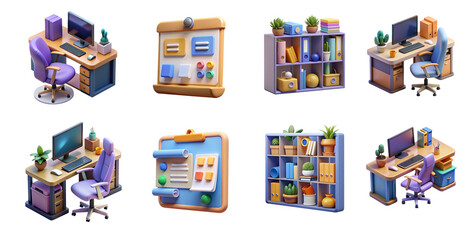 Vibrant 3d computer desk, office items such as pens, notebooks, and paper clips in different colors. Assorted office supplies in various colors, including pens, notebooks, and paper clips.