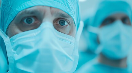Close-up of focused surgeons in operating room, wearing masks and surgical gear, highlighting the intensity and precision of surgeries.