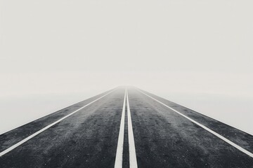 Minimalist road leading into foggy horizon, symbolizing journey, direction, and uncertainty in a monochrome, atmospheric setting.