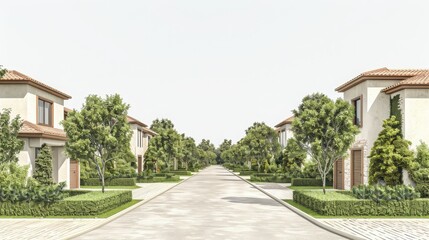 Modern suburban neighborhood street lined with houses and lush greenery on a clear day, showcasing peaceful residential living.