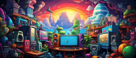 Retro Pixel Art Design with Colorful Video Game Power-Ups on Vibrant Digital Background