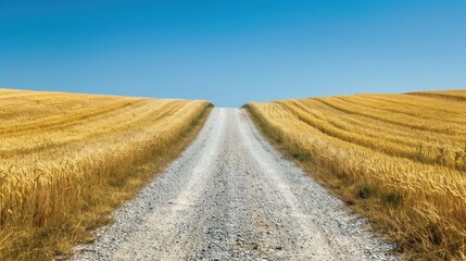 Fototapeta premium Scenic rural gravel road flanked by golden wheat fields under blue sky, representing agriculture, tranquility, and open countryside.