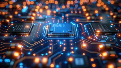 Obraz premium Close-up of a Circuit Board with Glowing Components