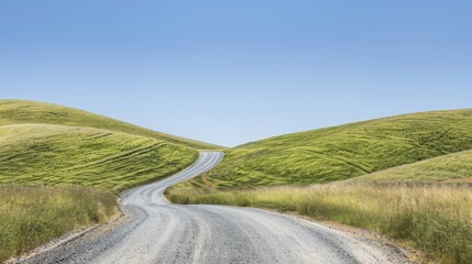 Winding country road through green rolling hills under a clear blue sky, perfect for travel or nature themes in stock photography.