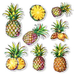 Collection sticker of pineapple, white background, vector illustration