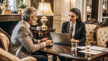Private Banking Consultation: A private banker providing personalized financial advice to a high-net-worth individual in an elegant office, focusing on exclusive financial services.	
