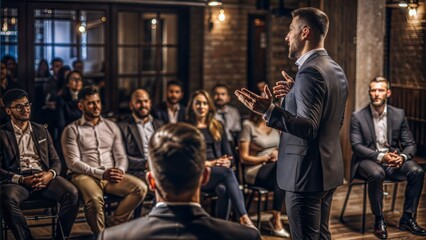 Obraz premium Entrepreneur Giving a Presentation: A dynamic entrepreneur presenting a business plan to an audience, highlighting public speaking and persuasion skills. 