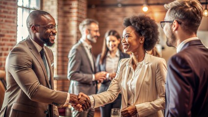 Networking Event: Portrait of a business professional networking and shaking hands at a corporate event.	
