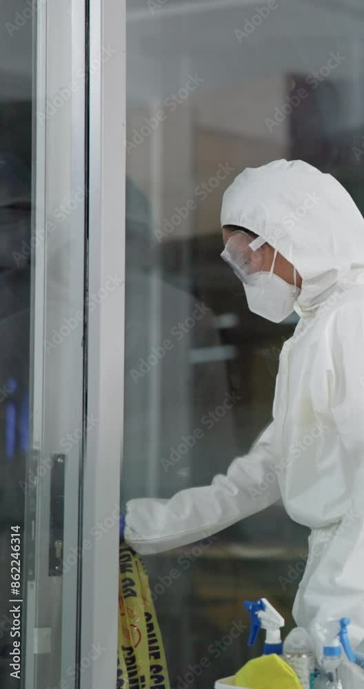 Wall mural Crime scene, tape and cleaning team for forensic, door and research for analysis. PPE, suit and protection for scientist and expert person, mask and equipment for disinfection for infection prvention