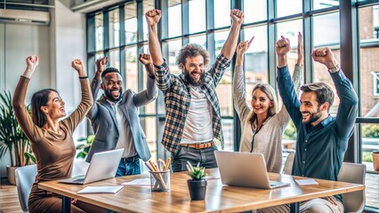 Founder Celebrating Success: A startup founder celebrating a milestone achievement with a small team, showcasing enthusiasm and motivation.	
