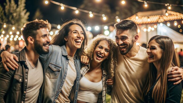 Festival Joy – Bright Lights: Friends at an outdoor festival, with bright lights and a festive atmosphere, smiling and enjoying the moment.	
