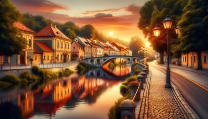 Naklejka premium Picturesque Old Town Sunset Over Reflective River with Historical Architecture
