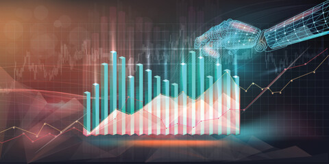 Financial technology digital infographics are presented on a geometric object and line background.