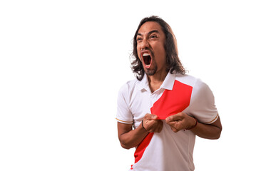 Peruvian fan celebrates a goal with his jersey. World Cup.