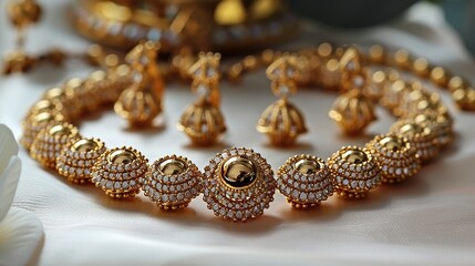 Gold Sparkling gold jewelry set with intricate detailing, including a necklace, earrings, and bracelet, exuding elegance and timeless beauty. Illustration, Minimalism,