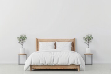 Minimalist bedroom interior with a wooden bed, white bedding, and potted plants on bedside tables against a white wall.