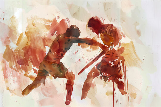 Bible watercolor illustration. Old Testament. Cain slaying Abel. Genesis

