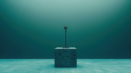 Minimalist stage with a single microphone and spotlight, creating an atmosphere of anticipation and simplicity.