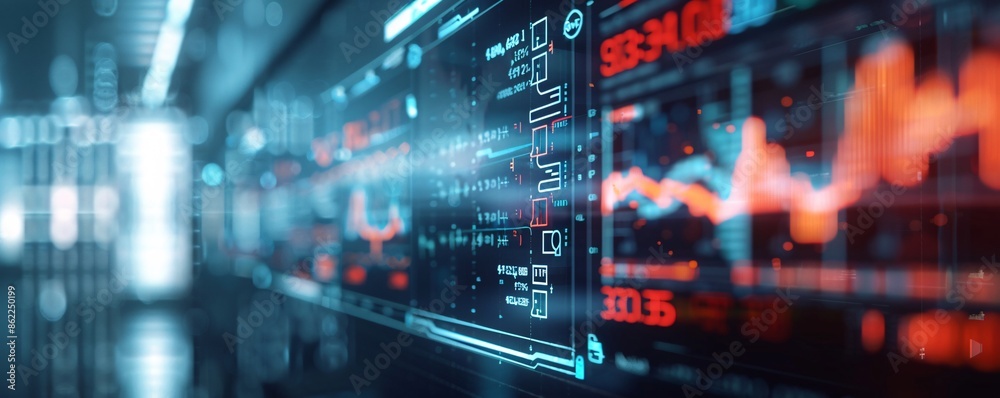 Poster a digital interface shows plummeting stock values and a flashing bankruptcy warning, all projected i