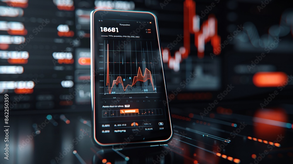 Poster an augmented reality screen displays a graph with sharply declining stock prices and a prominent ban