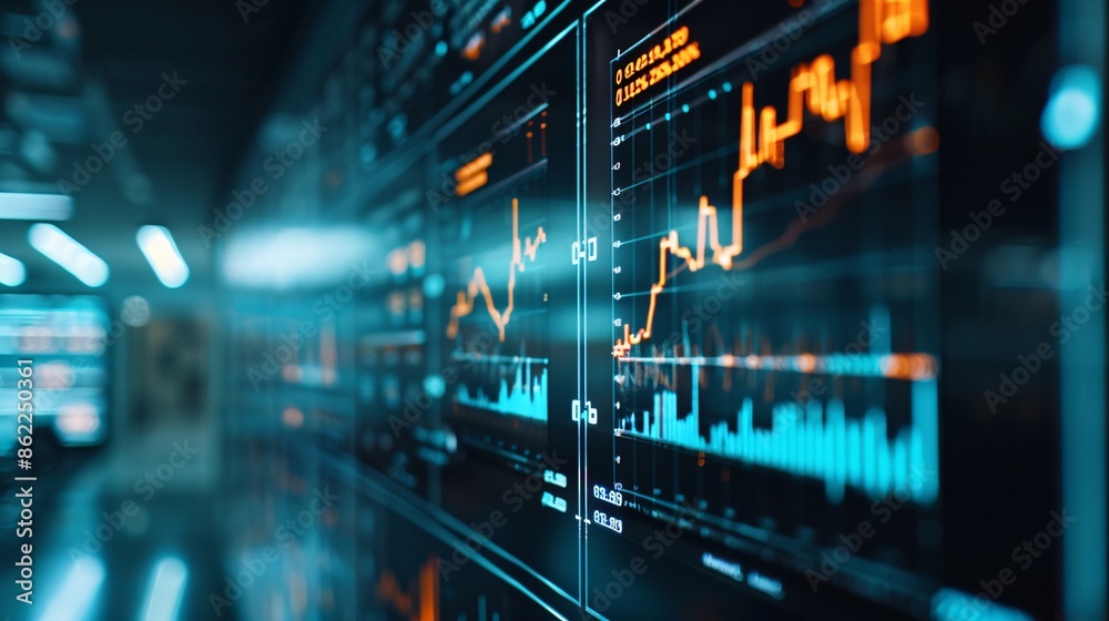 Poster an augmented reality screen displays a graph with sharply declining stock prices and a prominent ban