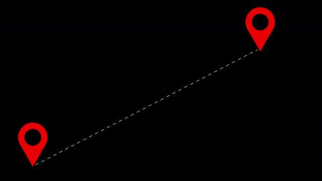 GPS location pointer animation, location map pointer one location to another animation,  location tracking animated on black background.
