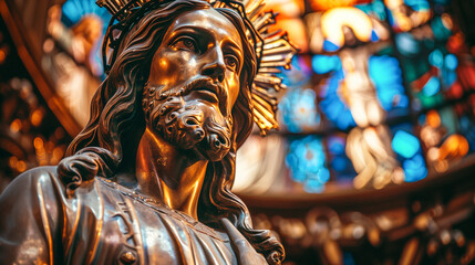 Statue of Jesus in a church, stained glass in background