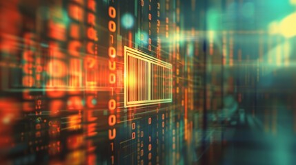 Fototapeta premium Barcode on a sophisticated digital interface, background softly blurred with a barcode reader, highlighting innovation