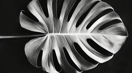 Black and white abstract composition of a Monstera leaf, focusing on the intricate details and dramatic contrasts