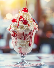 Cherry Topped Strawberry Sundae in Retro Diner