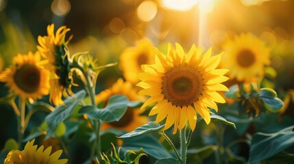 Blossoming sunflowers in a summer field