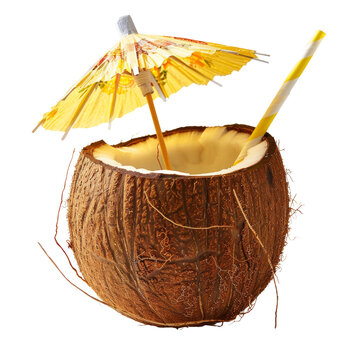 Refreshing tropical coconut drink with a straw and umbrella, perfect for summer and beach vibes.