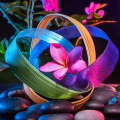 composition with neon colors used in a subtle, spiritual manner, with a focus on calmness and inner peace.