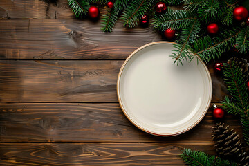 christmas food background fir tree branch, empty clean ceramic plate, festive holiday table setting, merry christmas dinner 
