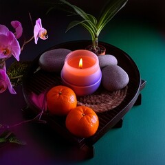 composition with neon colors used in a subtle, spiritual manner, with a focus on calmness and inner peace.