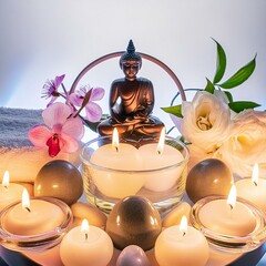 composition with neon colors used in a subtle, spiritual manner, with a focus on calmness and inner peace.