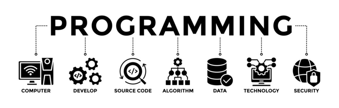 Programming banner icons set. Vector graphic glyph style with icon of computer, develop, source code, algorithm, data, technology, and security