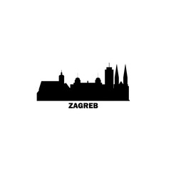 Naklejka premium Zagreb skyline, downtown panorama logo, logotype. Croatia capital city black badge contour, isolated vector pictogram with cathedral, monuments, landmarks, skyscrapers, gate