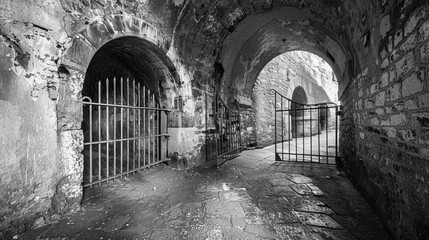 Black and white image of a massive, ancient fortified tunnel with heavy gates, showcasing the architectural prowess of ancient times