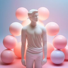 Mannequin with pink and White globes in the background