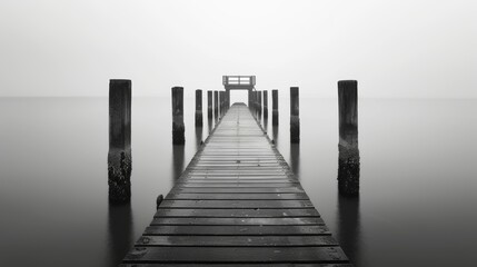 Obraz premium Calm and peaceful black and white shot of an ancient pier, showcasing its historic architecture and the stillness of the surrounding water