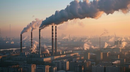 Carbon dioxide emissions from factory smokestacks, pollution spreading over industrial area, highlighting environmental issues