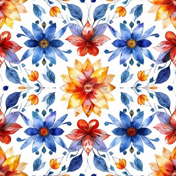 Floral Mandalas, seamless pattern, small scale pattern, watercolor, clean illustration, white background 