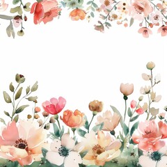 A blush watercolor painting of assorted flowers arranged in a border design on a white background